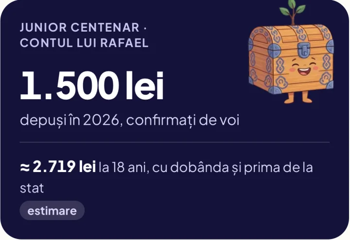 Planul de 18 ani în aplicație: 1.500 lei depuși în Junior Centenar în 2026, aproximativ 2.719 lei la 18 ani