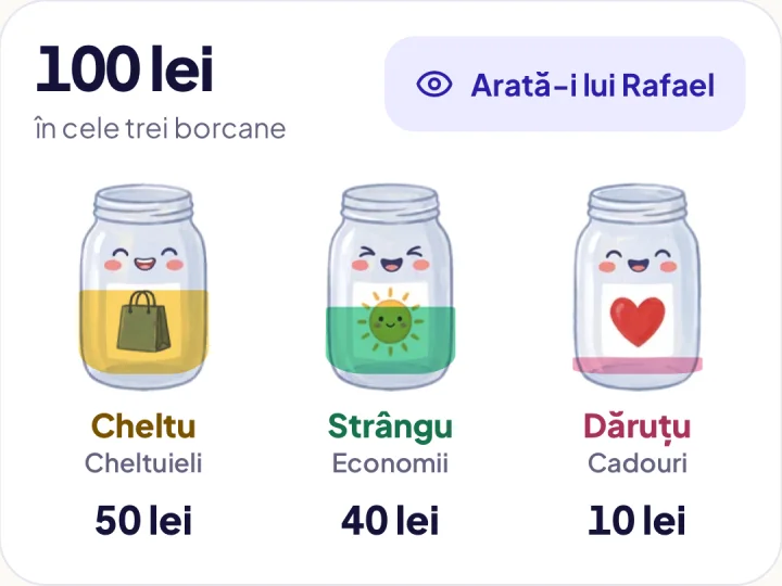 Ecranul cu borcane din aplicație: 100 lei împărțiți în Cheltu 50 lei, Strângu 40 lei și Dăruțu 10 lei