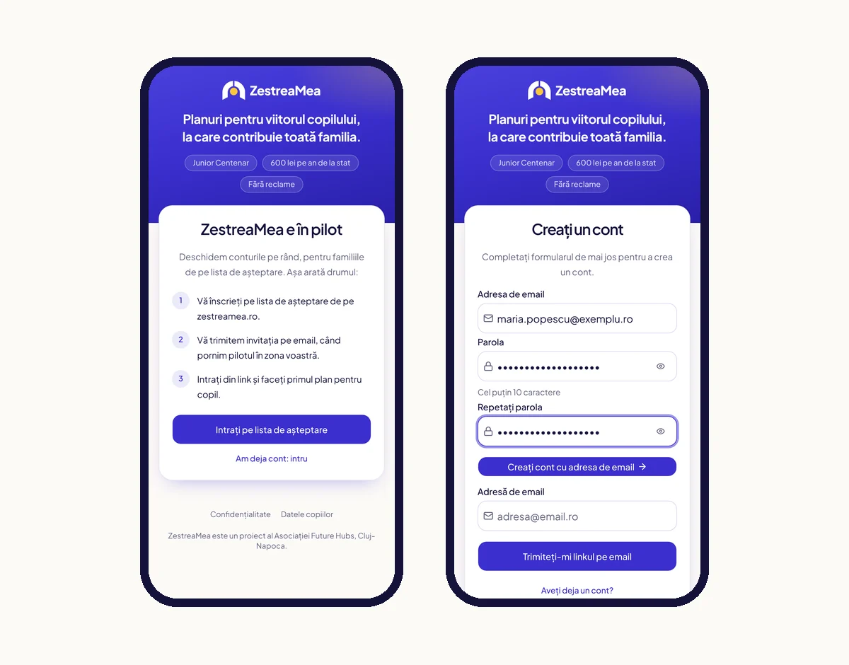 Două ecrane: în stânga, pagina de înscriere fără invitație, „ZestreaMea e în pilot”, cu cei trei pași; în dreapta, formularul de cont cu adresa de email a Mariei, parola și repetarea parolei