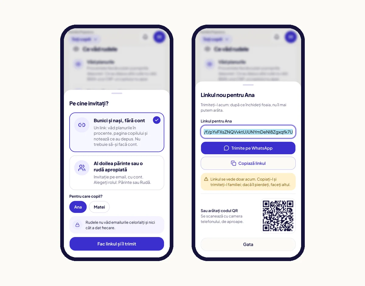 Două ecrane: în stânga, „Pe cine invitați?”, cu varianta „Bunici și nași, fără cont” aleasă pentru Ana; în dreapta, linkul nou, cu butoanele WhatsApp, Copiază linkul și codul QR