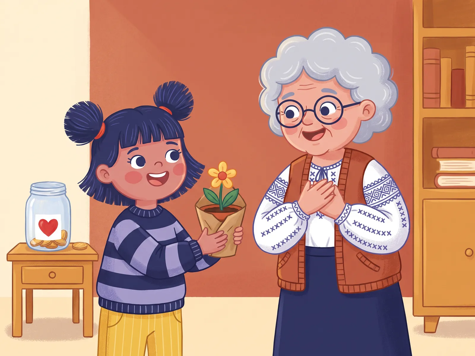 Ilustrație: Ana îi dăruiește Bunicii Ileana o floare la ghiveci; bunica, surprinsă, își duce mâna la inimă; în spate, borcanul cu inimă, cu câțiva bănuți rămași