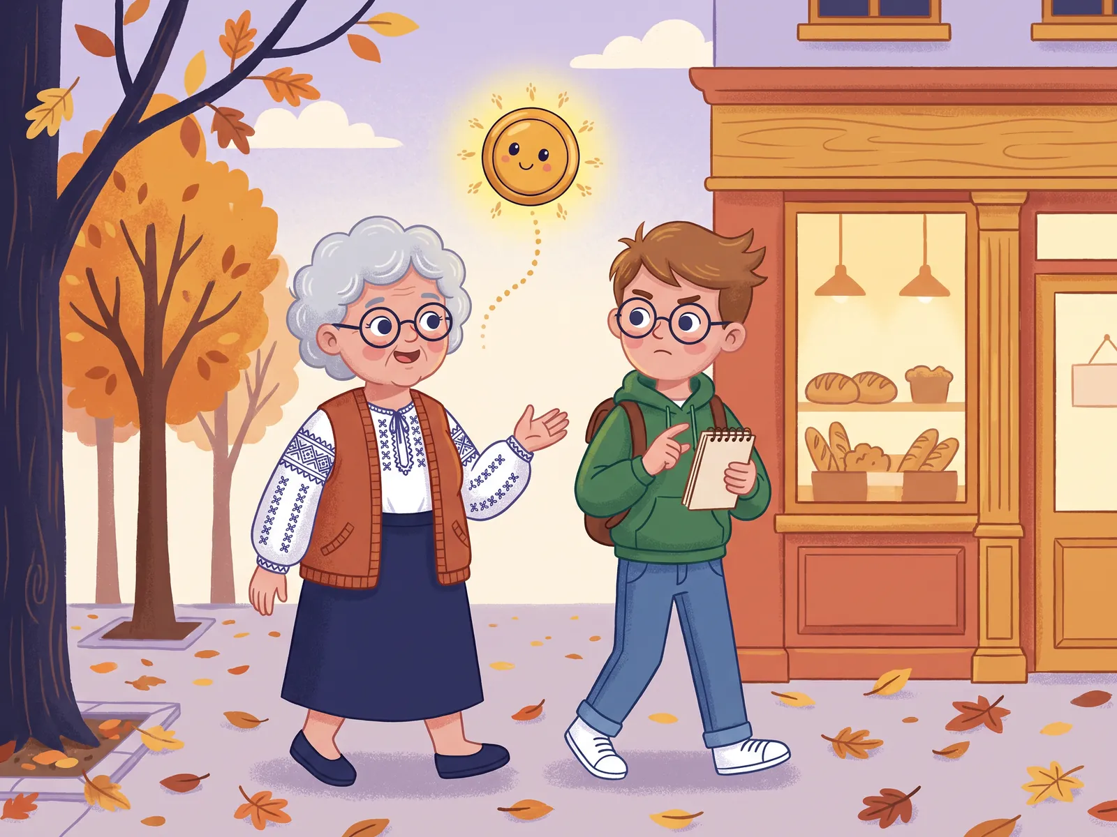 Ilustrație: dimineața, pe drumul spre școală, Bunica Ileana îi pune o întrebare lui Matei, care socotește pe degete cu carnețelul în mână