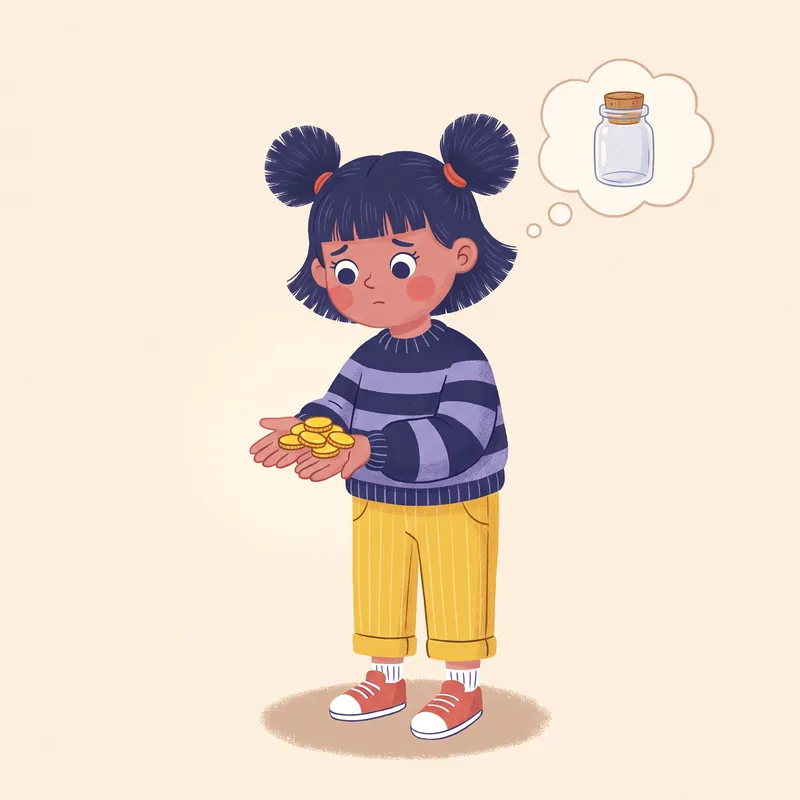 Ilustrație: Ana ține câțiva bănuți în palme și se gândește la un borcan