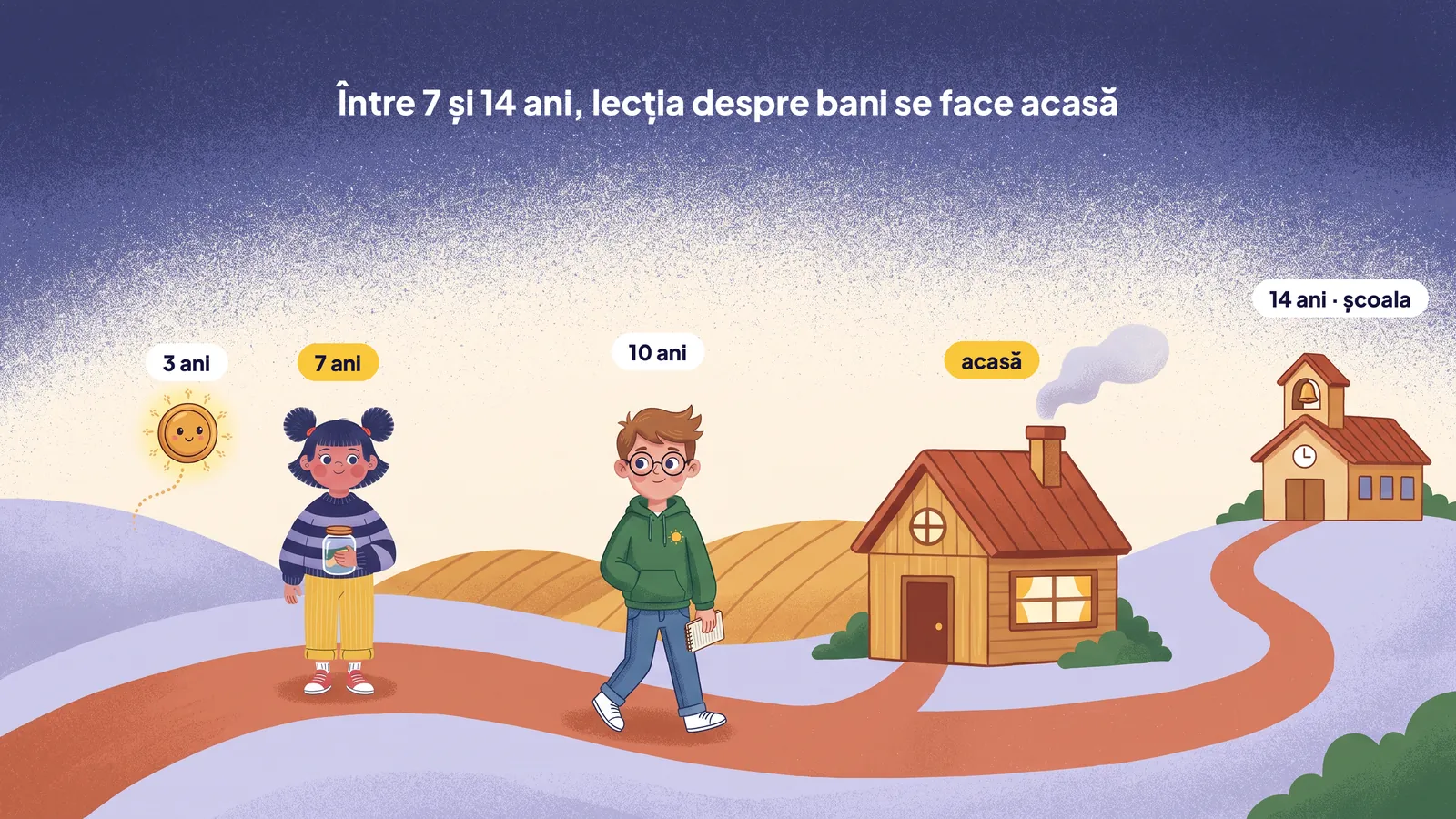 Ilustrație: o potecă a vârstelor, de la Raza la 3 ani, la Ana la 7 ani și la Matei la 10 ani, până la școala de la 14 ani; între 7 și 14 ani, poteca trece pe lângă o casă cu fereastra luminată
