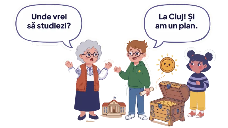 Ilustrație: conversație între personajele ZestreaMea. Bunica Ileana: „Unde vrei să studiezi?”; Matei: „La Cluj! Și am un plan.”