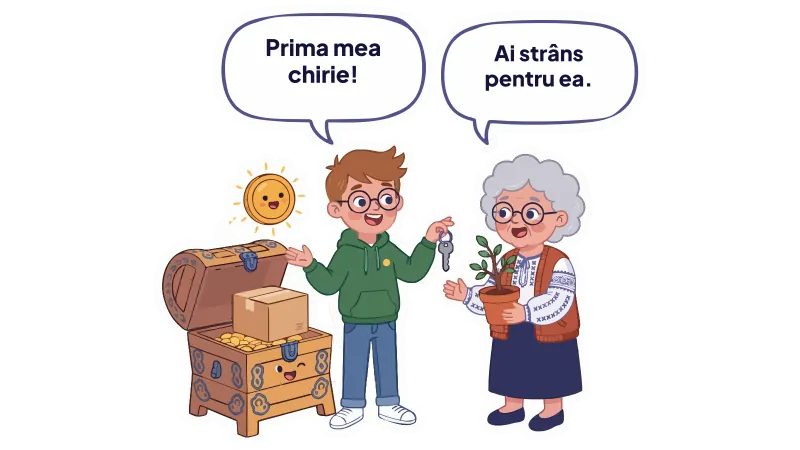 Ilustrație: conversație între personajele ZestreaMea. Matei: „Prima mea chirie!”; Bunica Ileana: „Ai strâns pentru ea.”