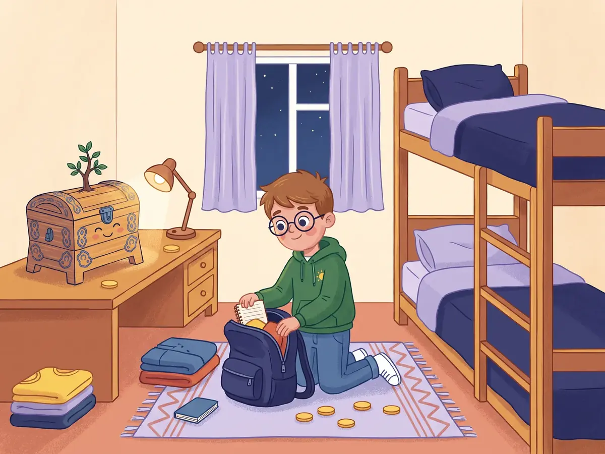 Ilustrație: Matei despachetează într-o cameră mică de cămin, cu pat suprapus, iar Zestra stă pe birou