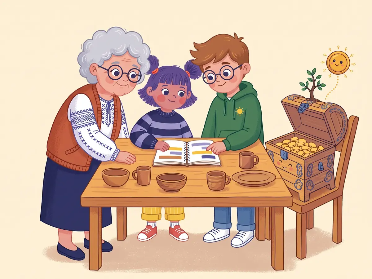 Ilustrație: Bunica Ileana, Ana și Matei plănuiesc la masa din bucătărie, peste carnețelul lui Matei