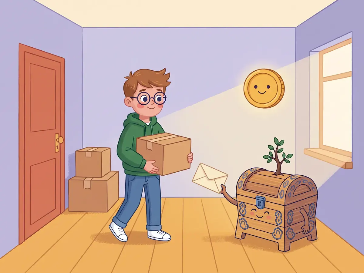Ilustrație: Matei cară o cutie într-un apartament gol, iar Zestra îi întinde un plic