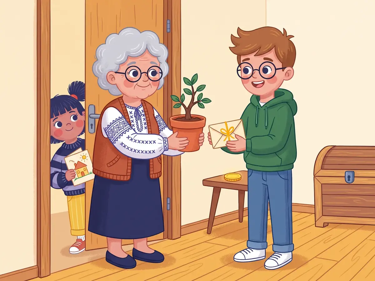 Ilustrație: Bunica Ileana îi aduce lui Matei o plantă și un plic la noul apartament, iar Ana ține o felicitare desenată