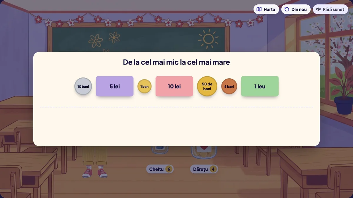 Jocul De la cel mai mic la cel mai mare: monedele de 1, 5, 10 și 50 de bani și bancnotele de 1, 5 și 10 lei, de pus în ordine