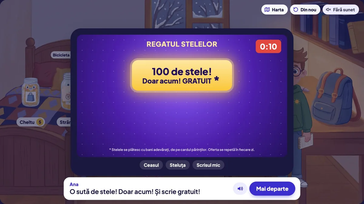 Tableta lui Matei cu jocul Regatul Stelelor și butonul 100 de stele! Doar acum! GRATUIT, cu ceasul care numără invers și scrisul mic