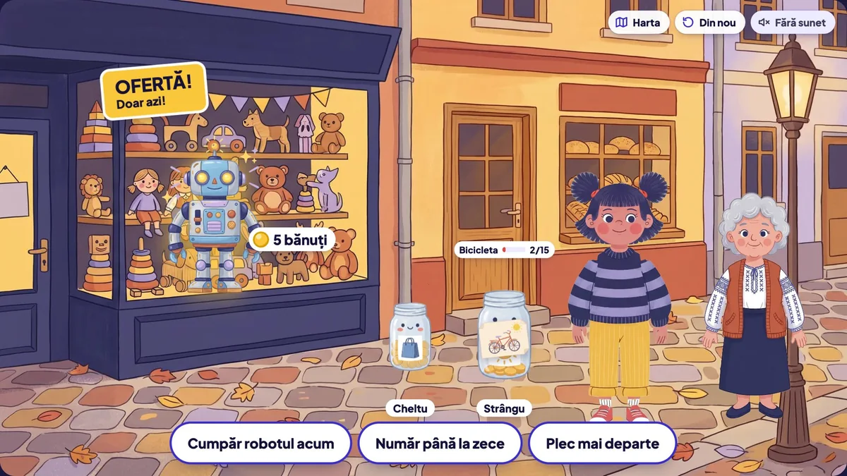 Vitrina cu jucării și afișul OFERTĂ! Doar azi! deasupra robotului de 5 bănuți, cu trei alegeri: cumpăr robotul acum, număr până la zece, plec mai departe