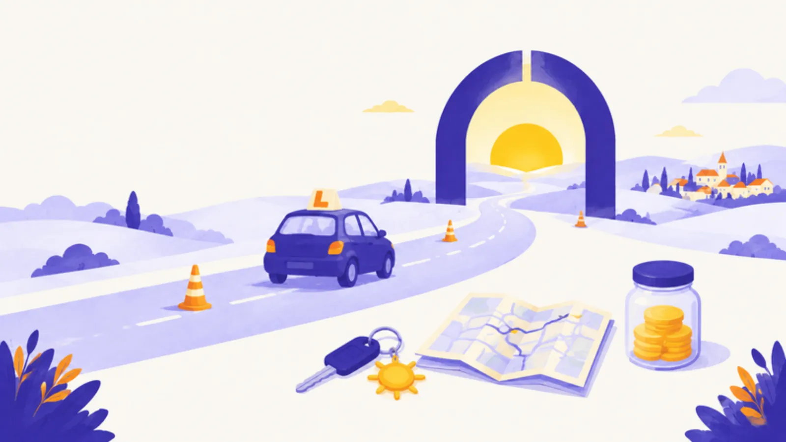 Ilustrație: o mașină de școală cu semnul L pe un drum care duce spre un arc cu soarele; în față, chei cu un breloc-soare, o hartă și un borcan cu monede