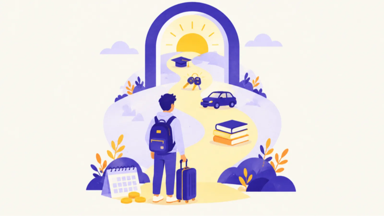 Ilustrație: un tânăr văzut din spate, cu rucsac și valiză, la începutul unei cărări care trece printr-un arc cu soarele; pe drum, o tocă de absolvent, chei, o mașină mică și cărți