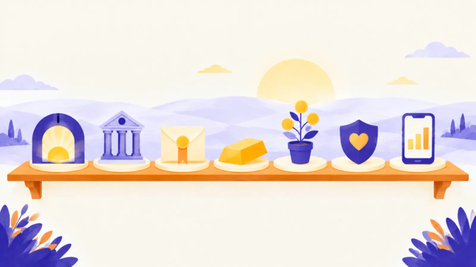 Ilustrație: un raft cu șapte recipiente de economii puse unul lângă altul, de la o pușculiță în formă de arc cu soare la o bancă, un plic, un lingou de aur, o plantă cu monede, un scut și un telefon cu un grafic