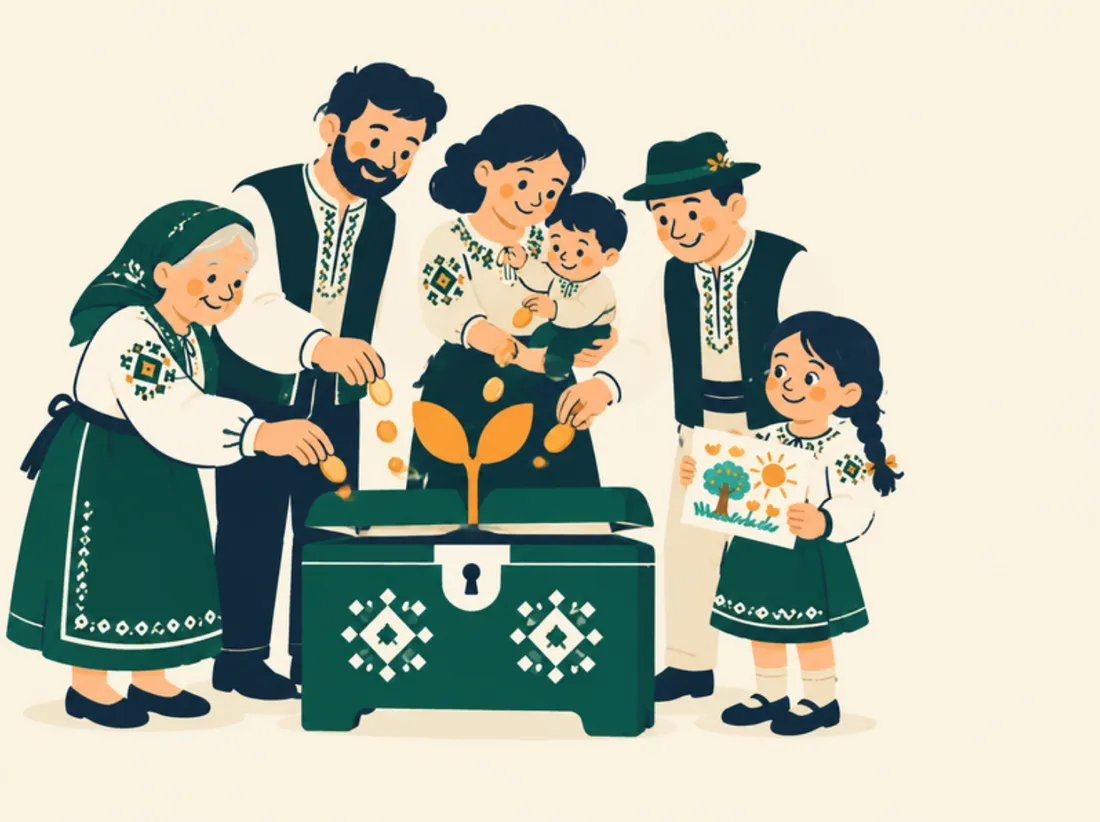 Ilustrație: bunica, părinții și un vecin pun monede într-o ladă de zestre, iar copilul ține un desen