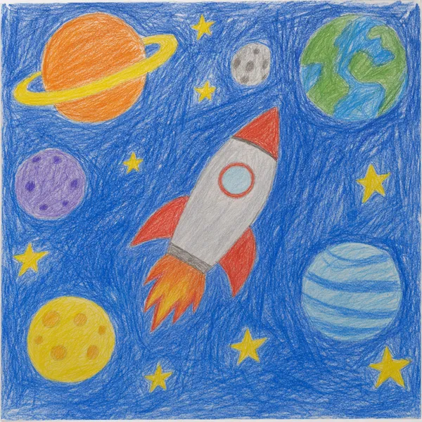 Desen cu creioane colorate: o rachetă printre planete și stele
