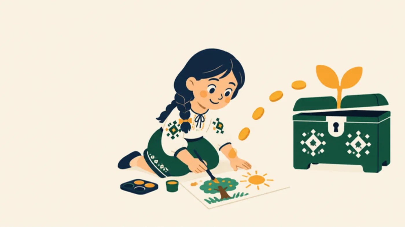 Ilustrație: o fetiță pictează lângă o ladă de zestre verde din care crește un lăstar