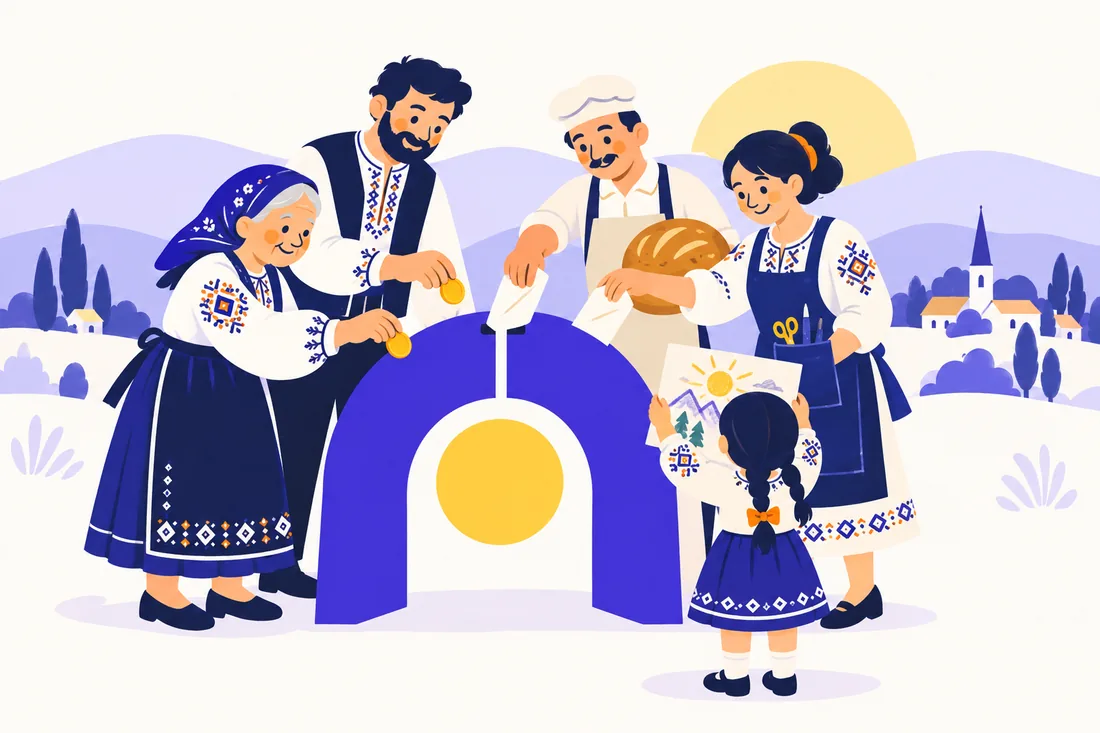 Ilustrație: o bunică, un tată, un brutar și o meșteșugăreasă pun bani într-o pușculiță în formă de arc cu soare, iar o fetiță, văzută din spate, ține un desen cu munți și soare