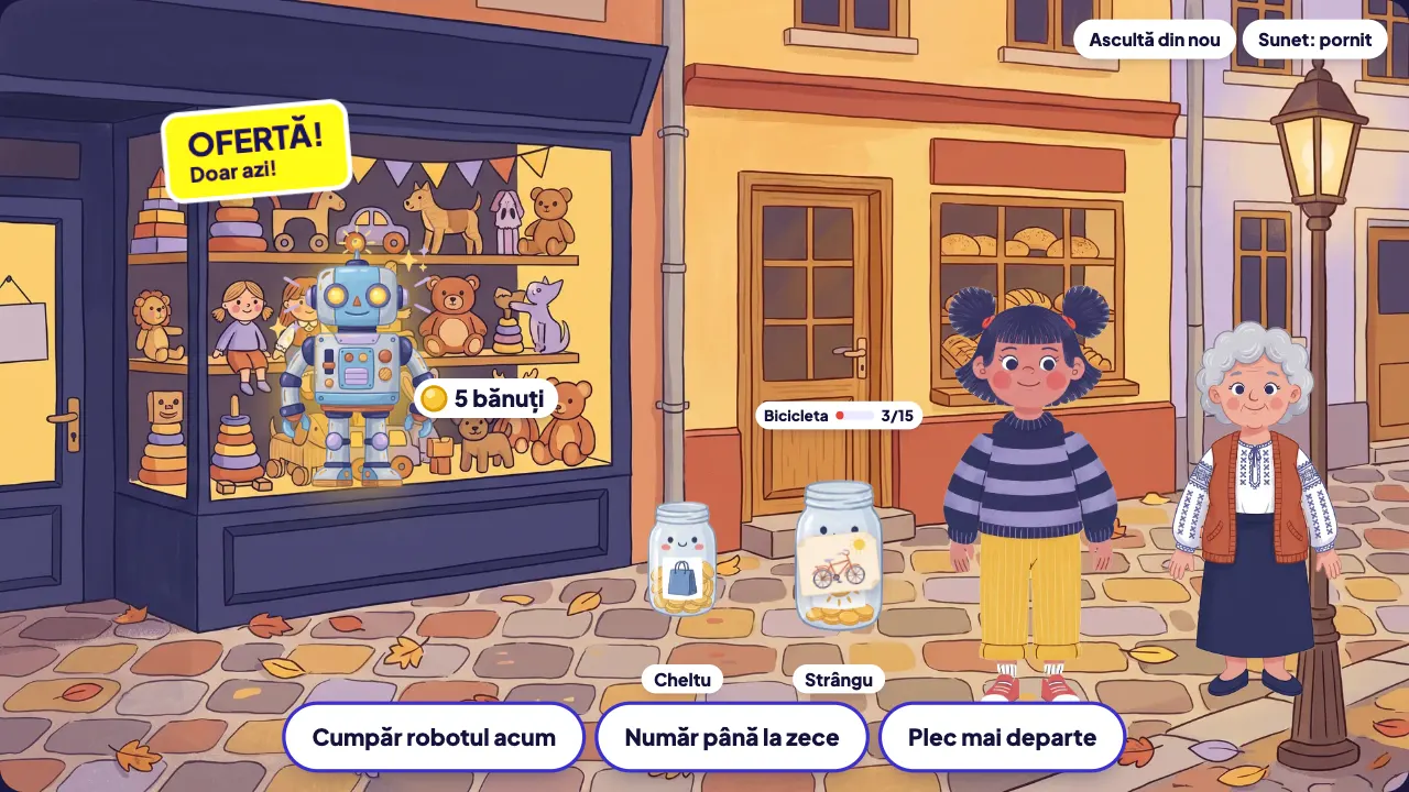 Octombrie: Ana în fața vitrinei cu robotul și afișul Ofertă, cu trei alegeri